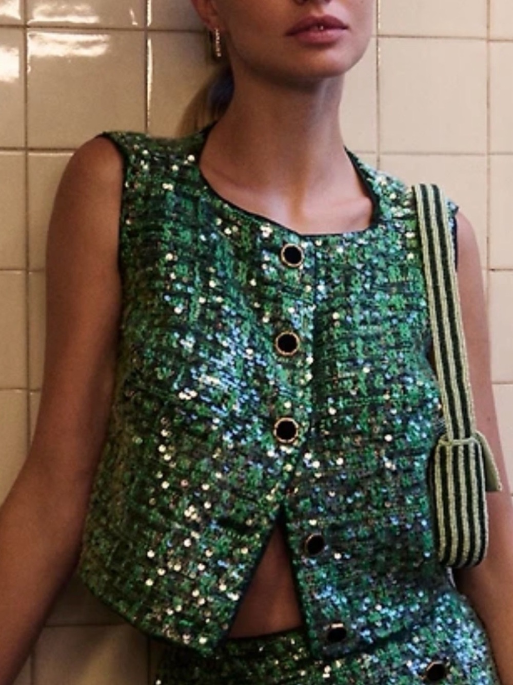 NWT Anthropologie Maeve Sequin Tweed Vest in green.